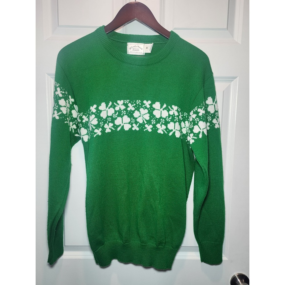 Whats Next Vintage Green Shamrock Clover Knit Sweater Mens M St Patricks Day